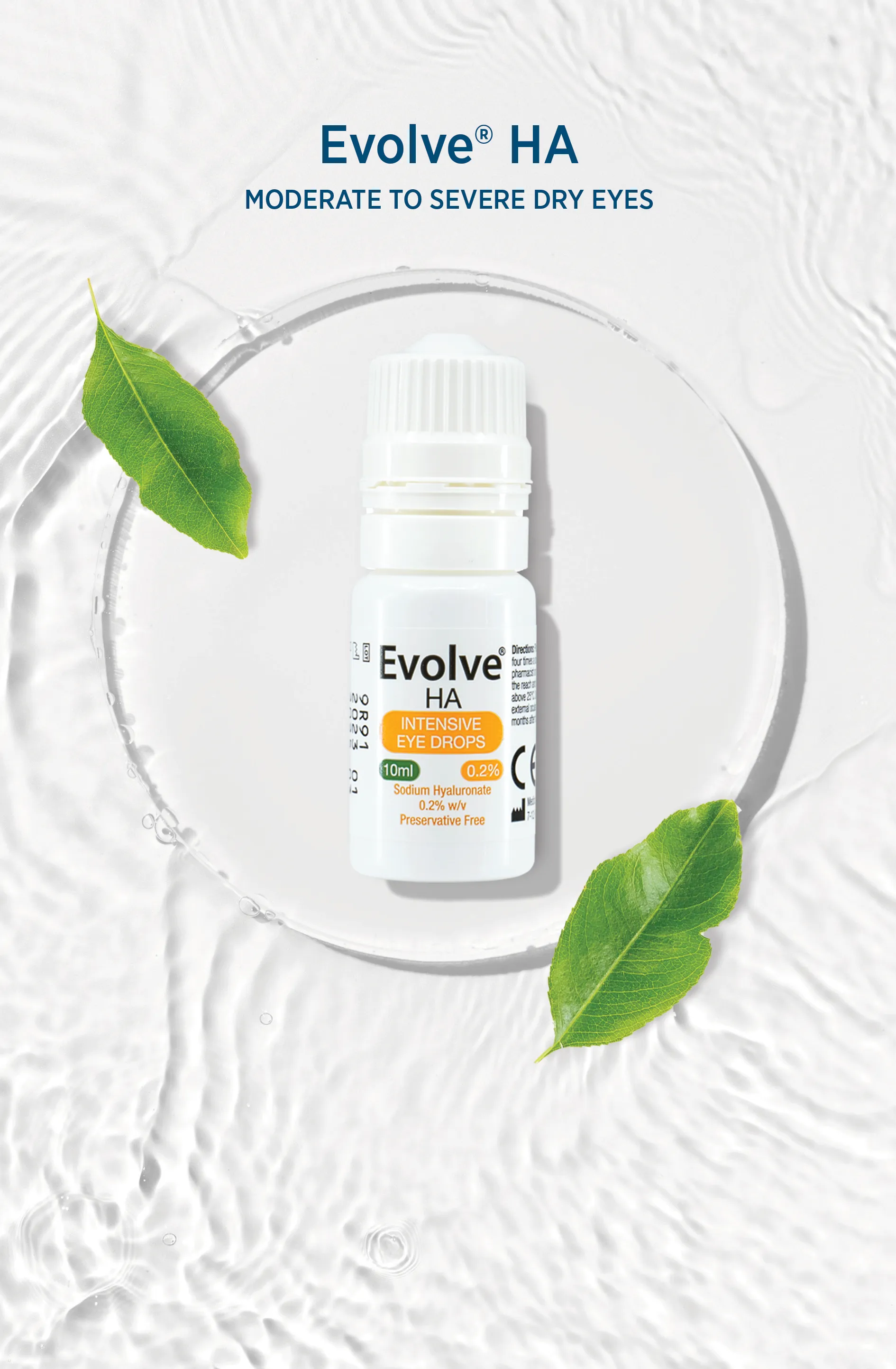 Evolve HA bottle resting on a glass plate with green leaves