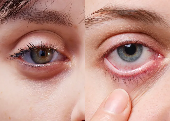 Comparison showing droopy eyelids and dry eye symptoms