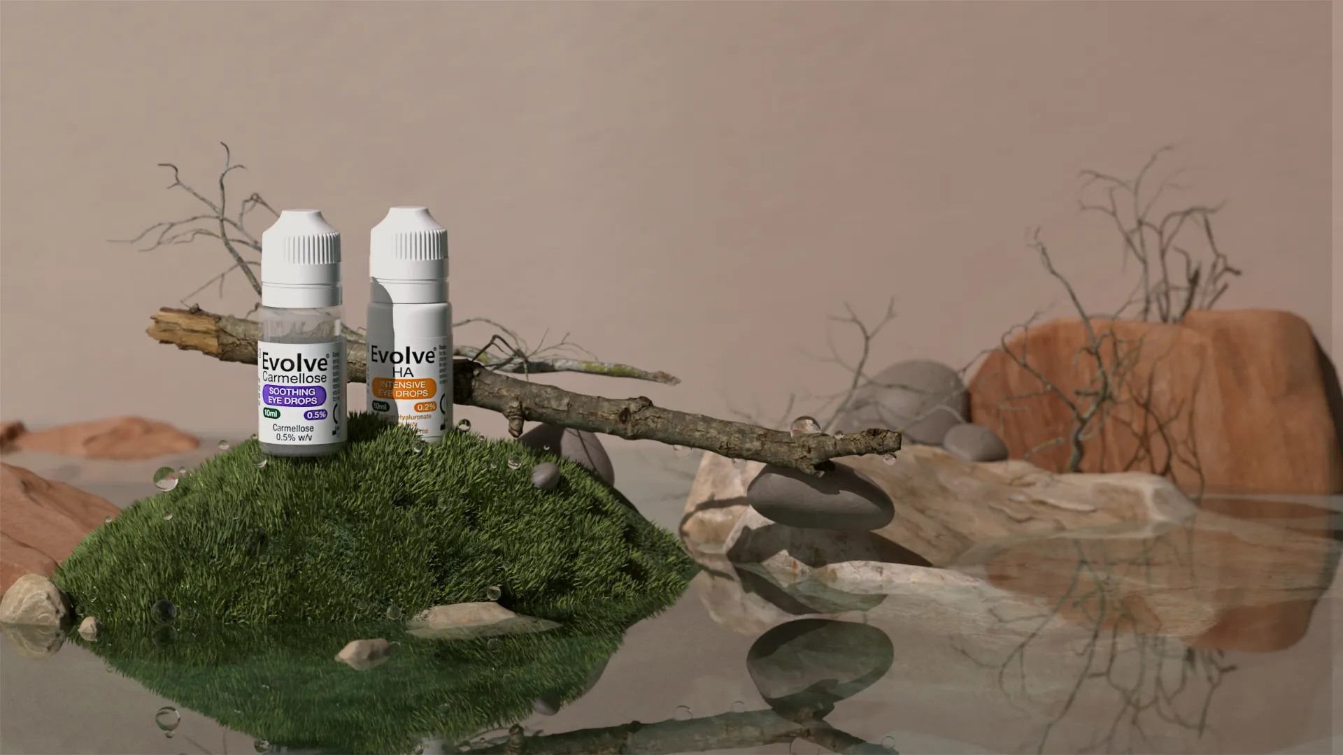 Evolve eye drops bottles on a natural mossy backdrop