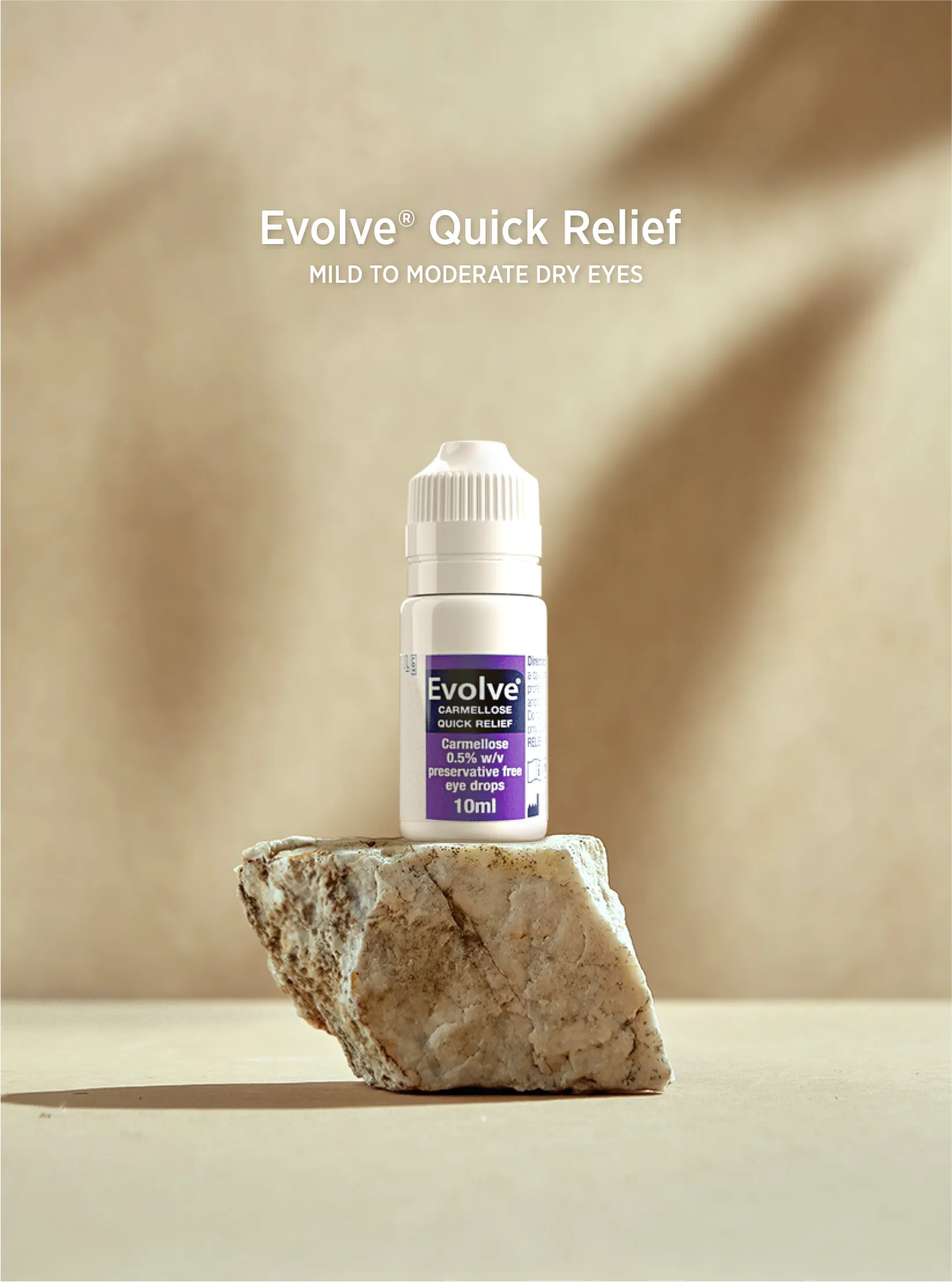 Evolve Dry Eye Max bottle on a stone podium