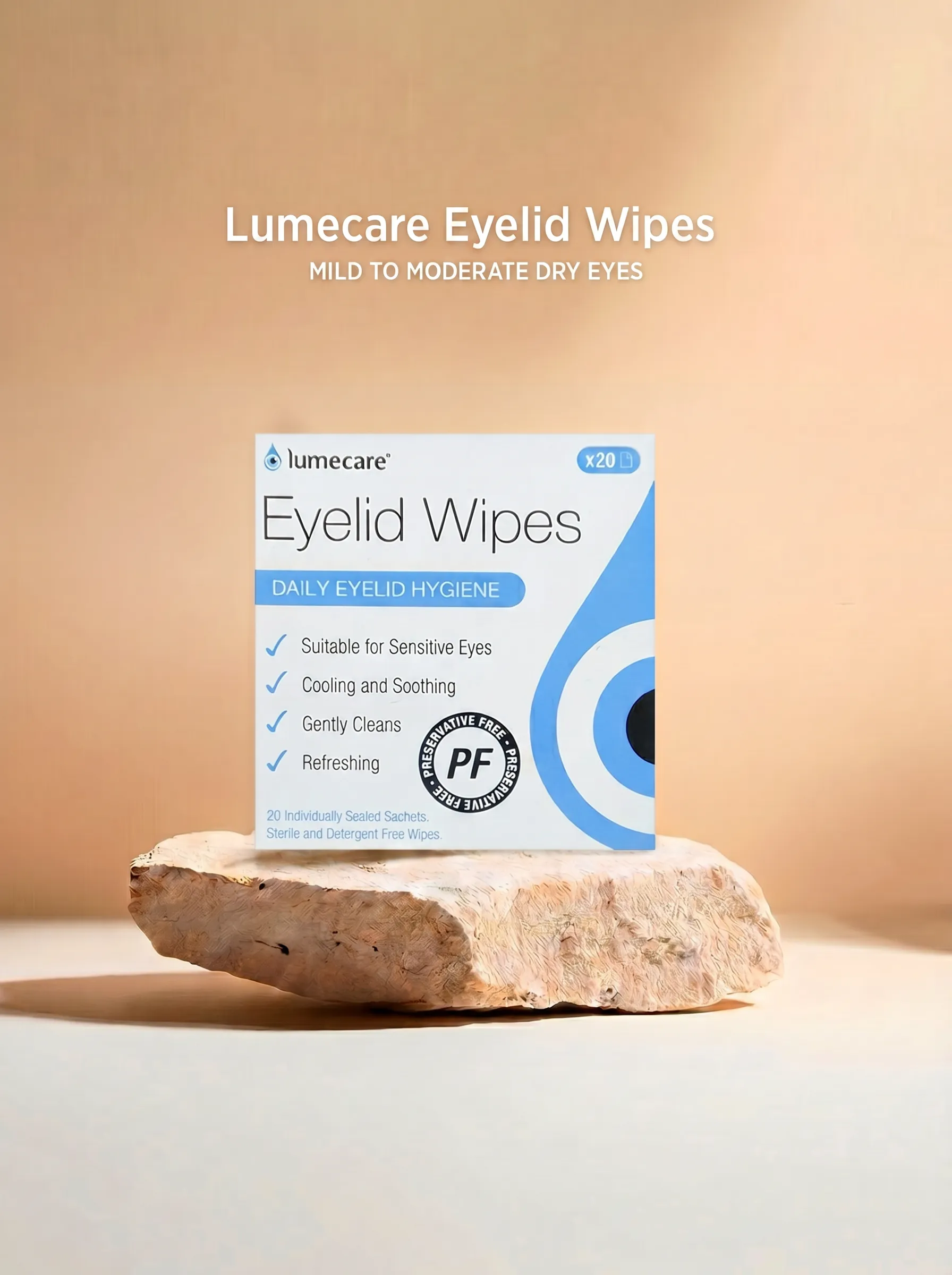 Lumecare Eyelid Wipes carton on a stone podium