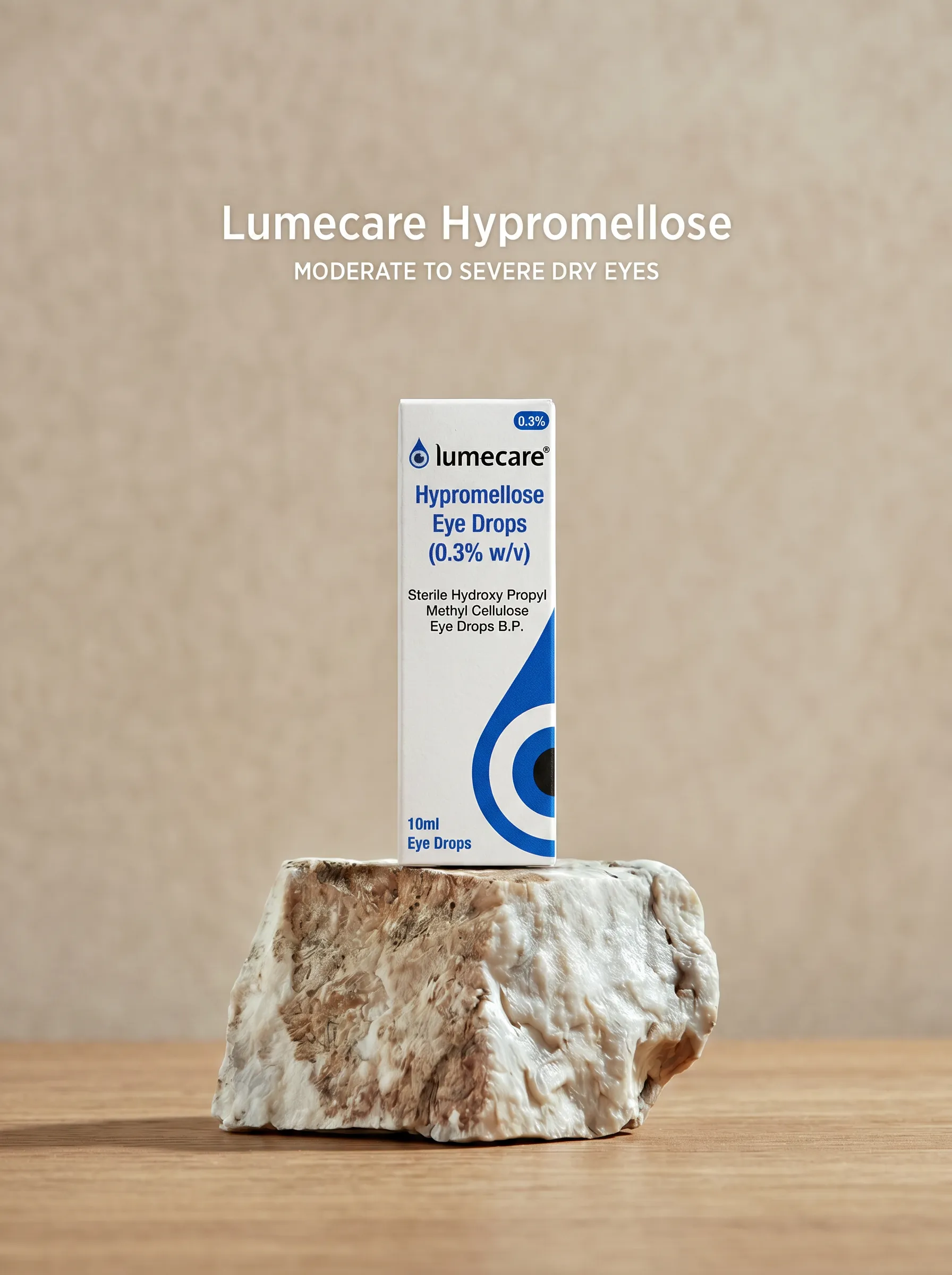 Lumecare Hypromellose carton on a stone podium