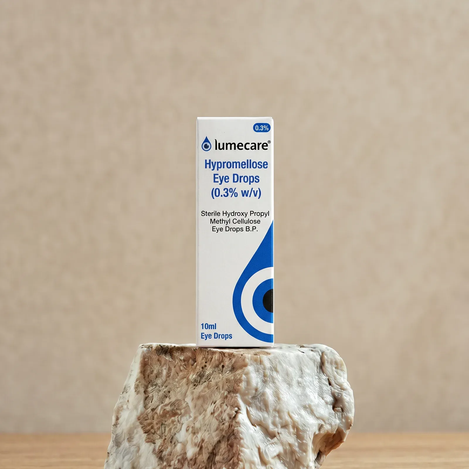 Lumecare Hypromellose carton on a stone podium